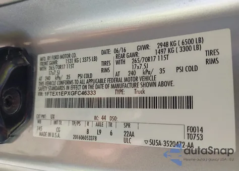 2016 Ford F-150 Xl из США, поврежденный, VIN 1FTEX1EPXGFC46333